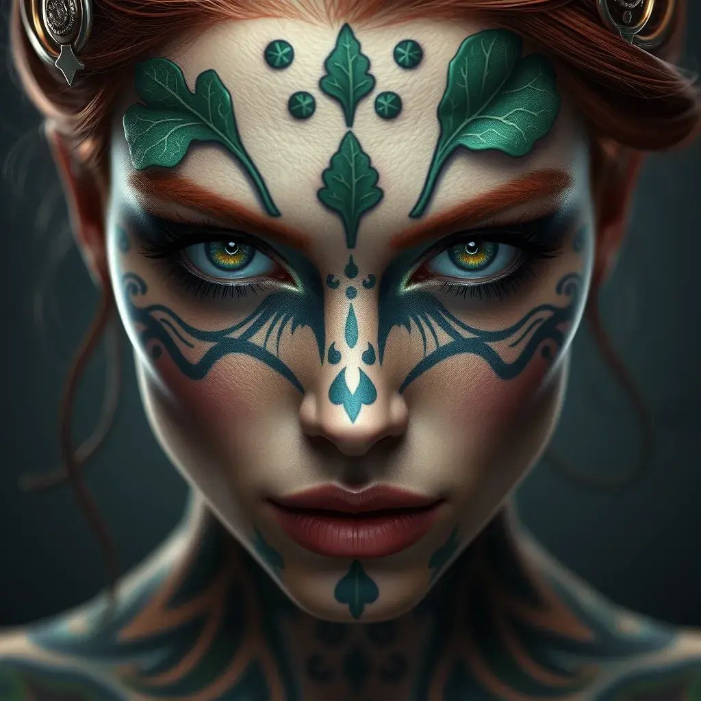 Closeup matte portrait of a tattooed Poison Ivy, symmetrical face, 8k, Highly Detailed, Intricate, Artstation, Sharp Focus, Volumetric Lighting, Concept Art by Stanley Artgerm Lau, Greg Rutkowski