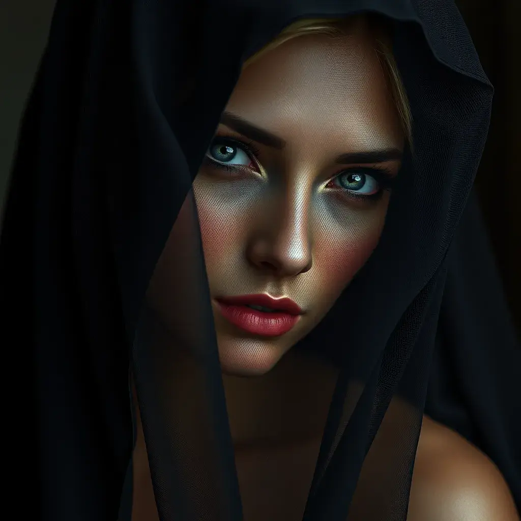 Alluring matte portrait of a beautiful veiled Kassandra wearing a black veil, 8k, Highly Detailed, Intricate, Half Body, Realistic, Sharp Focus, Volumetric Lighting, Fantasy, Elegant by Stanley Artgerm Lau, Alphonse Mucha, WLOP