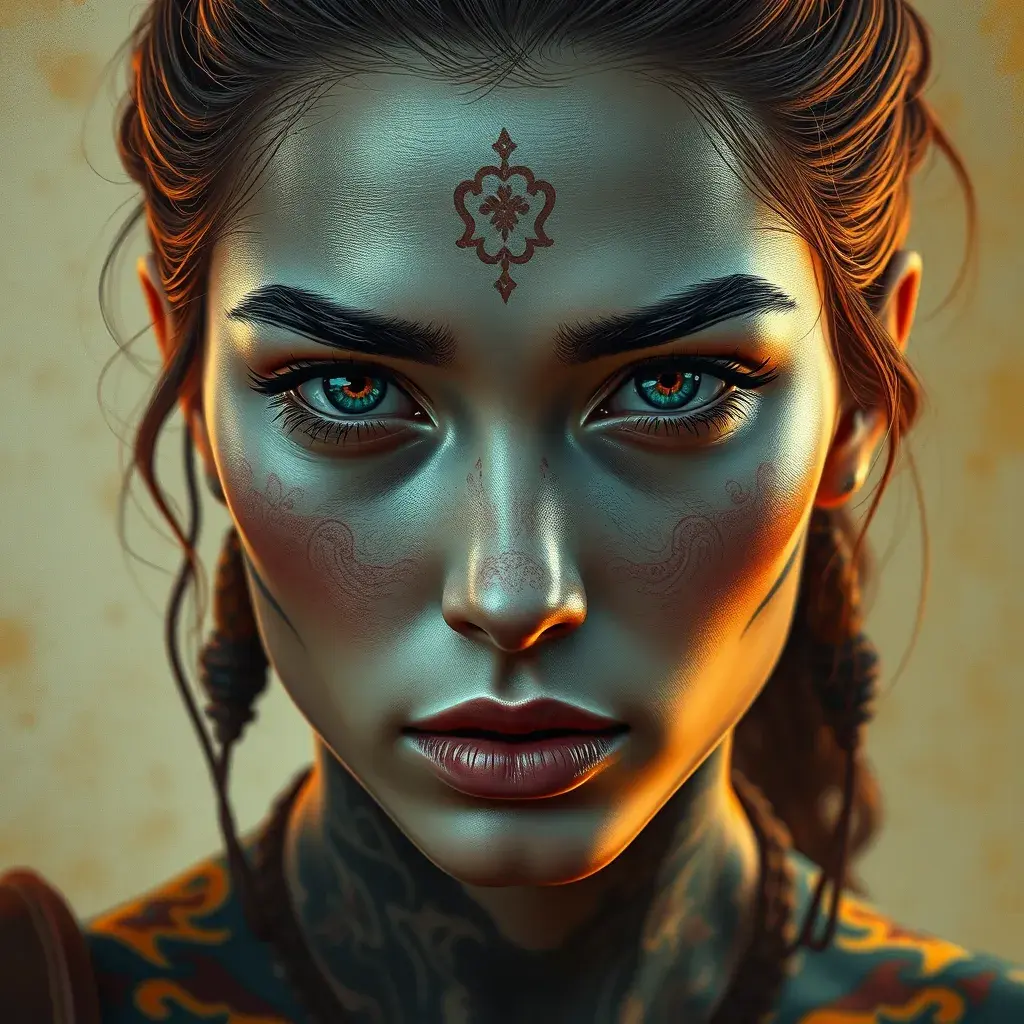 Colorful portrait of a tattooed Aloy with a grey scale face, 4k, Highly Detailed, Hyper Detailed, Powerful, Artstation, Vintage Illustration, Digital Painting, Sharp Focus, Smooth, Concept Art by Stanley Artgerm Lau, Alphonse Mucha, Greg Rutkowski