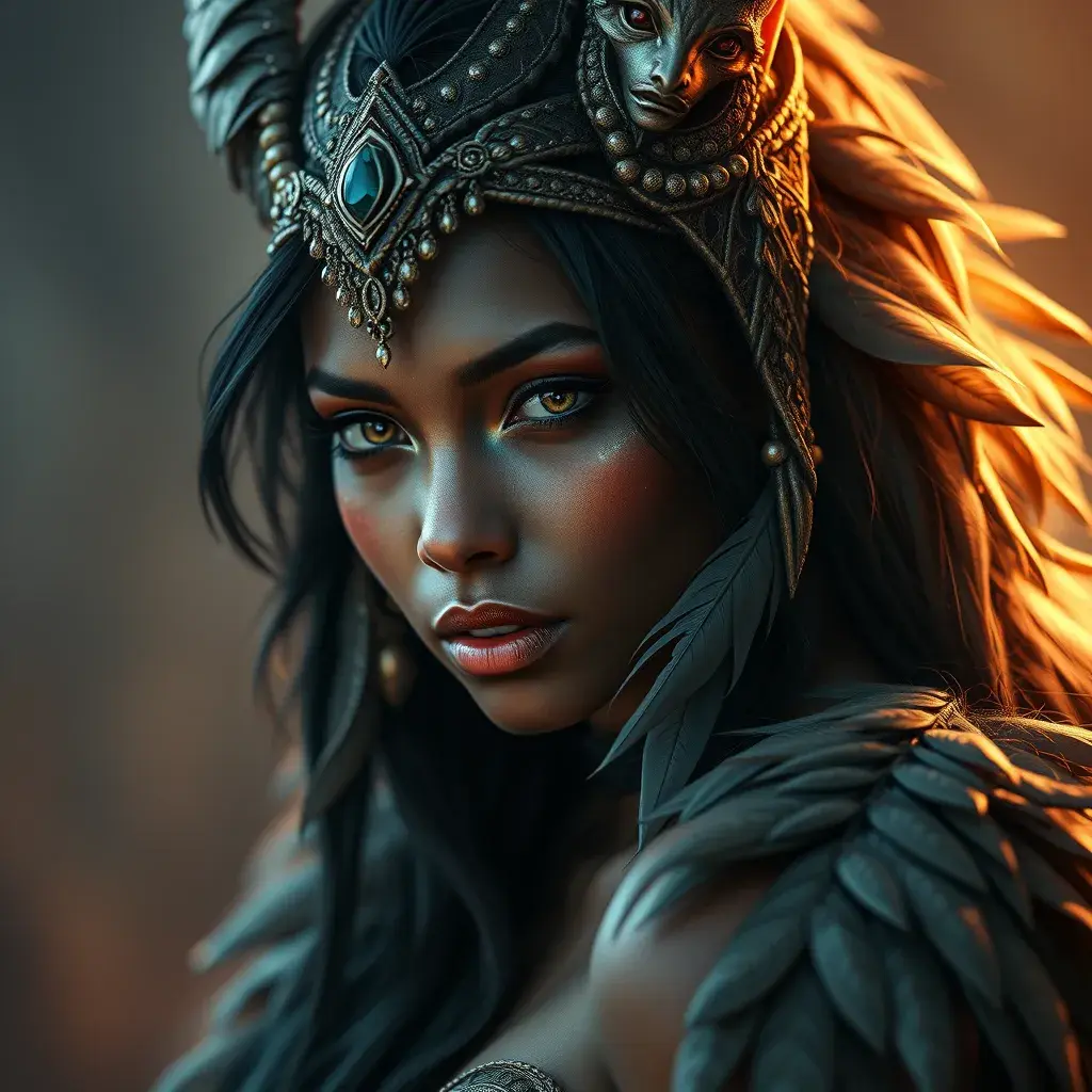 Alluring matte portrait of a beautiful Nidalee wearing feathers, 8k, Highly Detailed, Intricate, Half Body, Realistic, Sharp Focus, Volumetric Lighting, Fantasy, Elegant by Stanley Artgerm Lau, Alphonse Mucha, WLOP