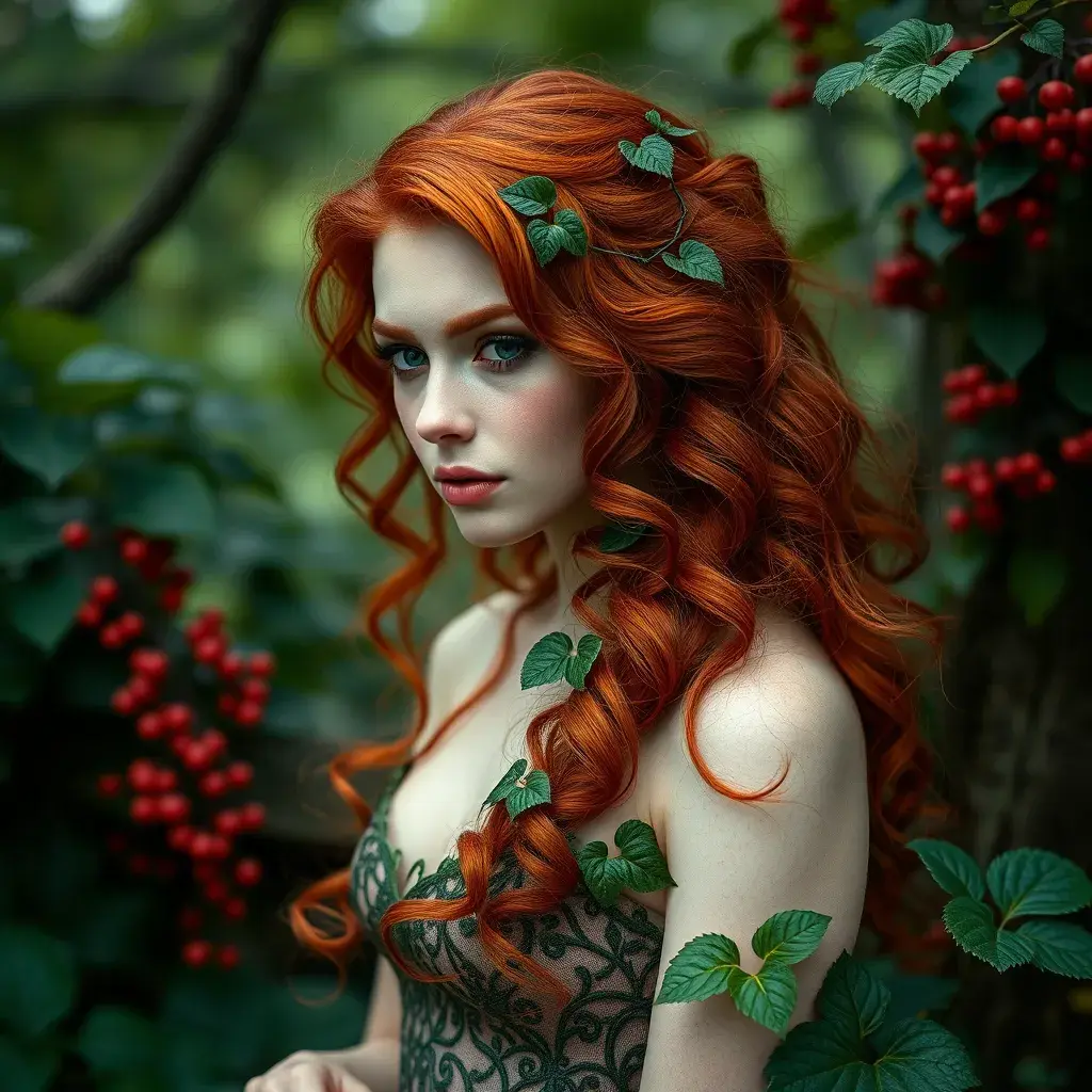 An alluring beautiful red headed Poison Ivy, Intricate, Half Body, Photo Realistic