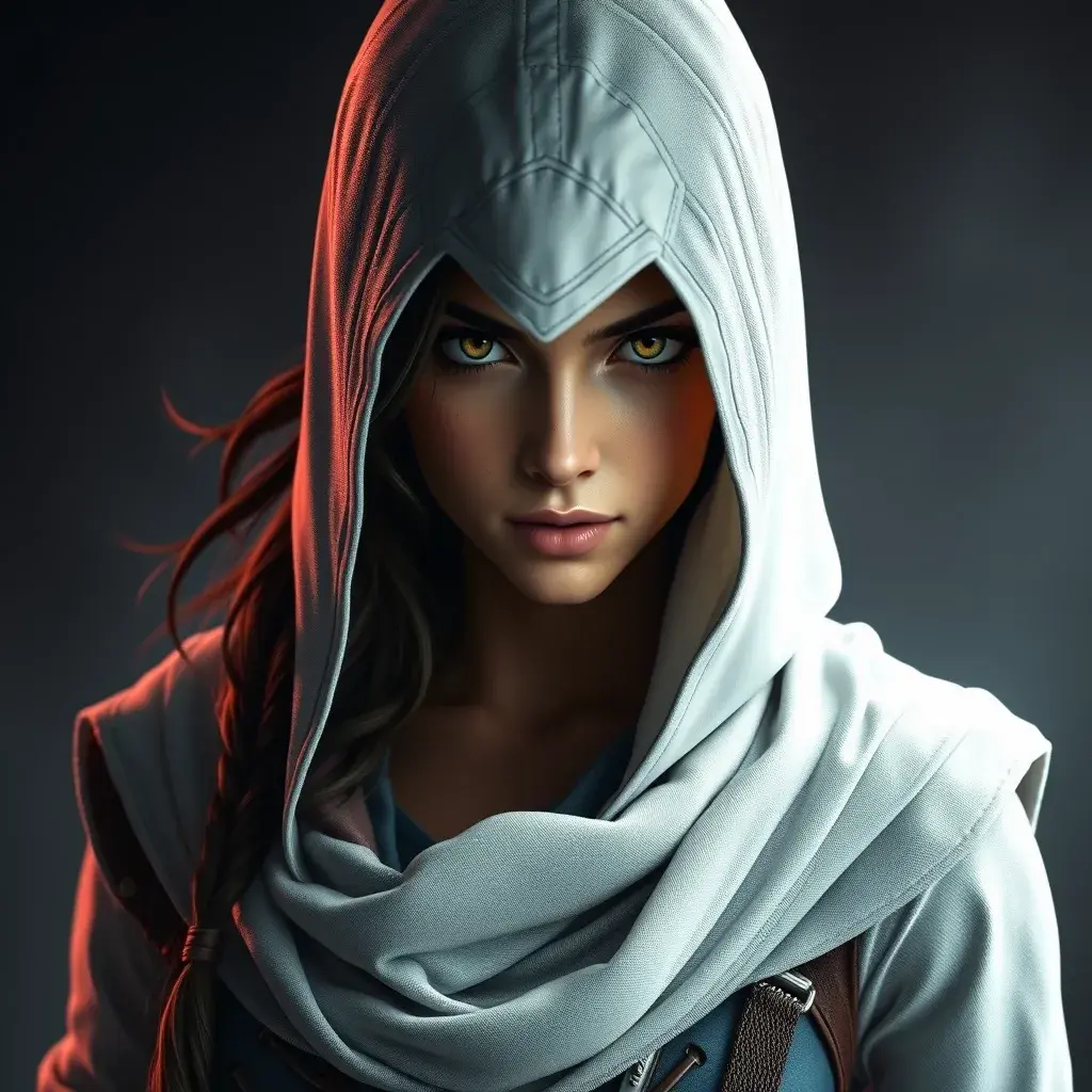 A beautiful Kassandra in a white hooded Assassin's Creed style, Highly Detailed, Half Body, Sharp Focus, Volumetric Lighting