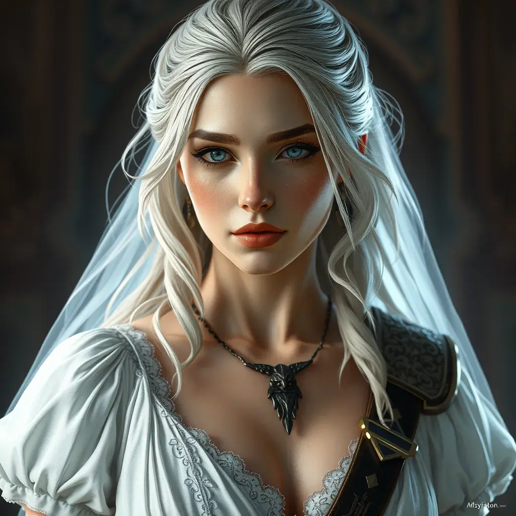 Closeup of Ciri from the Witcher 3 in a white dress, Highly Detailed, Intricate, Artstation, Beautiful, Digital Painting, Sharp Focus, Concept Art, Elegant by Stanley Artgerm Lau, Alphonse Mucha, Greg Rutkowski