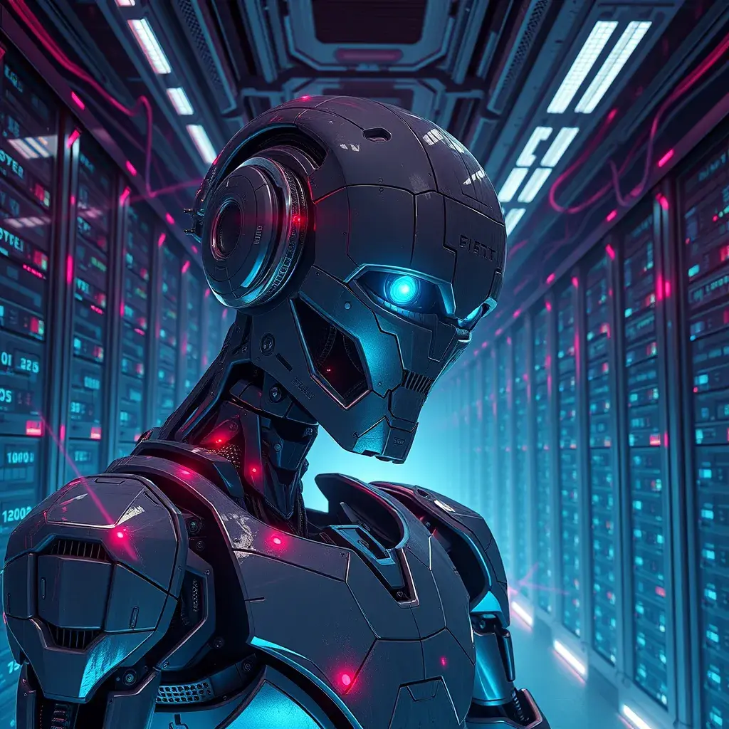 hyperrealism stock photography of highly detailed stylish robot in cyberpunk sci - fi style by gragory crewdson and vincent di fate, mike winkelmann with many details by josan gonzalez working at the highly detailed data center by mike winkelmann and laurie greasley hyperrealism photo on dsmc 3 system rendered in blender and octane render, Atmospheric, Foreboding, Hallucinogenic, Highly Detailed, Intricate Details, Masterpiece, Ultra Detailed, Horror, Post-Apocalyptic, Trending on Artstation, Psychedelic, Retrowave