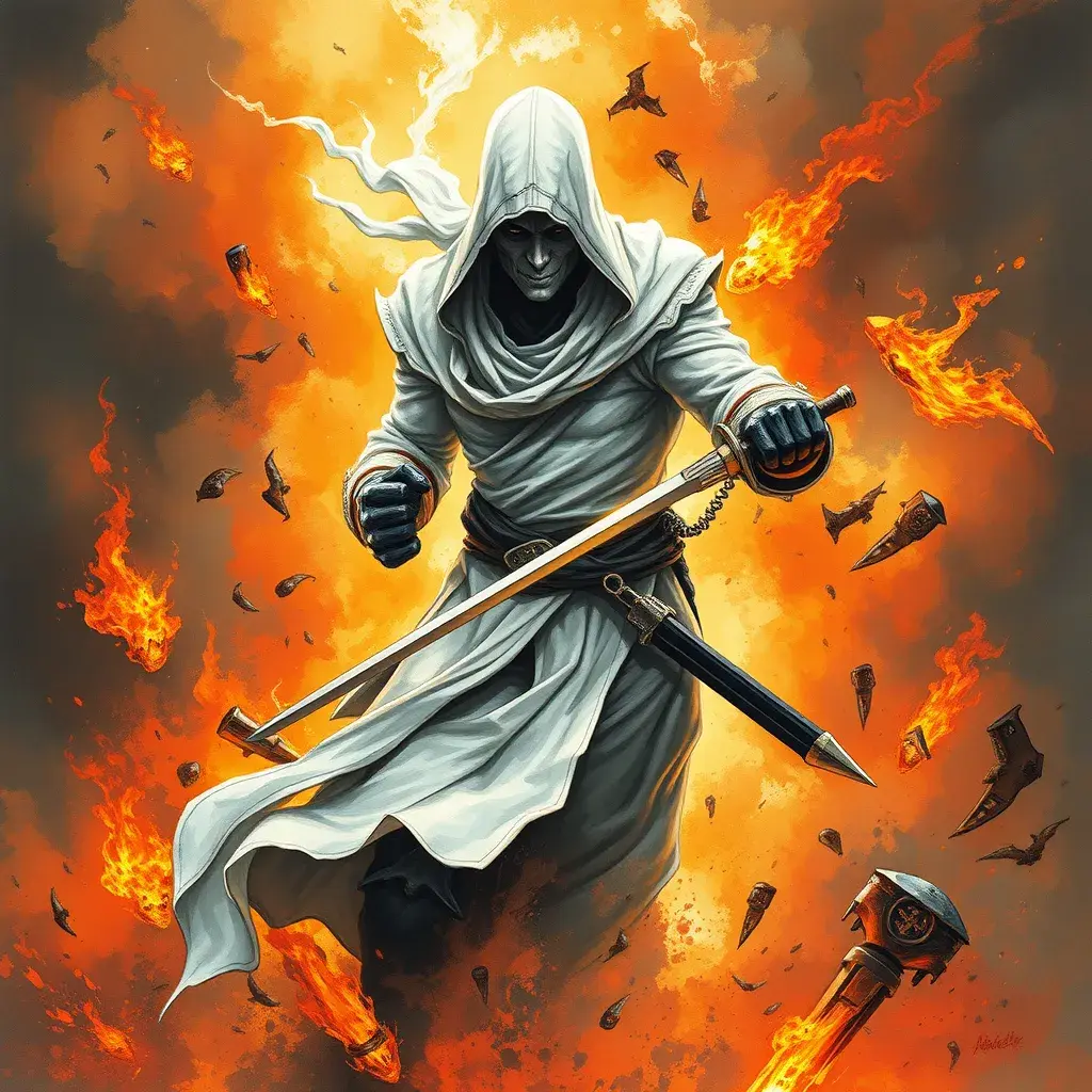 White Assassin emerging from a firey fog of battle, Highly Detailed, Vibrant Colors, Ink Art, Fantasy, Dark by Stanley Artgerm Lau