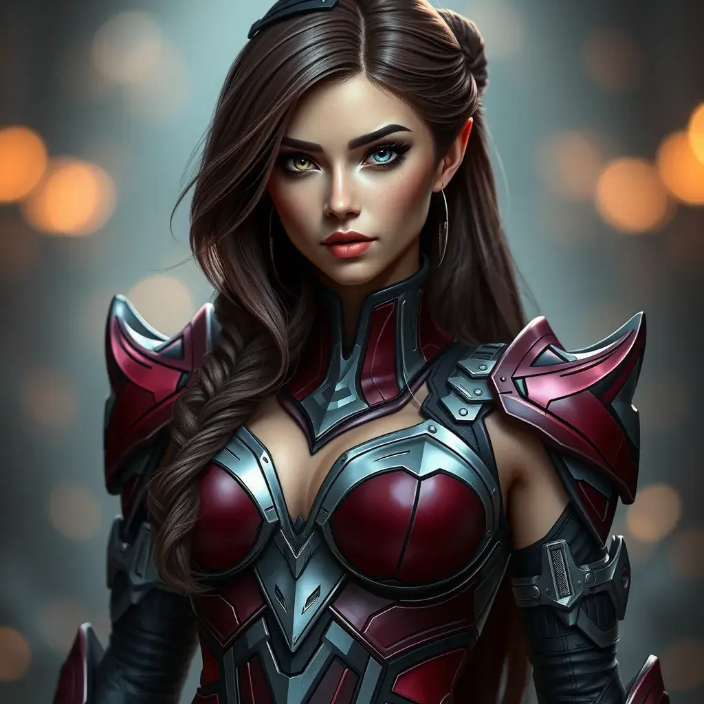 Alluring matte portrait of a beautiful Katarina from League of Legends in her battle suit, Highly Detailed, Full Body, Bokeh effect, Photo Realistic, Sharp Focus by Stefan Kostic