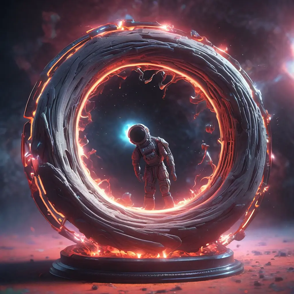 Digital art of Black hole containing strange object astronaut, Sci-Fi, Volumetric Lighting