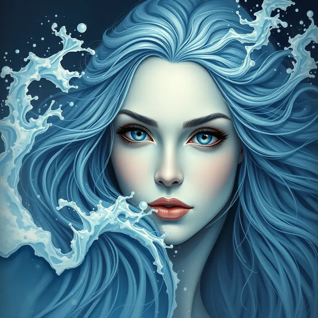 "magical ocean goddess", water, spray, waves, flowing hair, head and shoulders portrait, finely drawn eyes, 8k, Fantasy