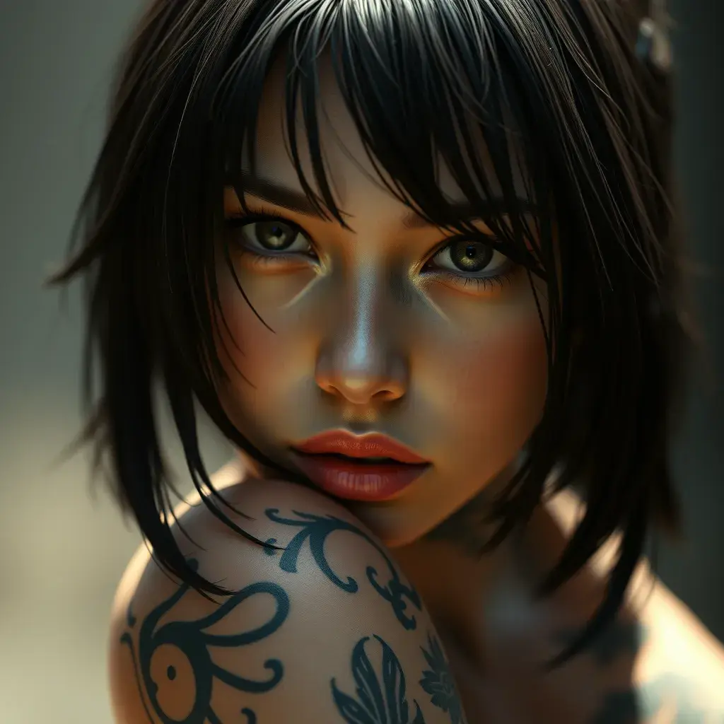 Matte portrait of Cassandra Cain with tattoos, 8k, Highly Detailed, Alluring, Artstation, Bokeh effect, Sharp Focus, Volumetric Lighting, Concept Art by Stanley Artgerm Lau, Greg Rutkowski