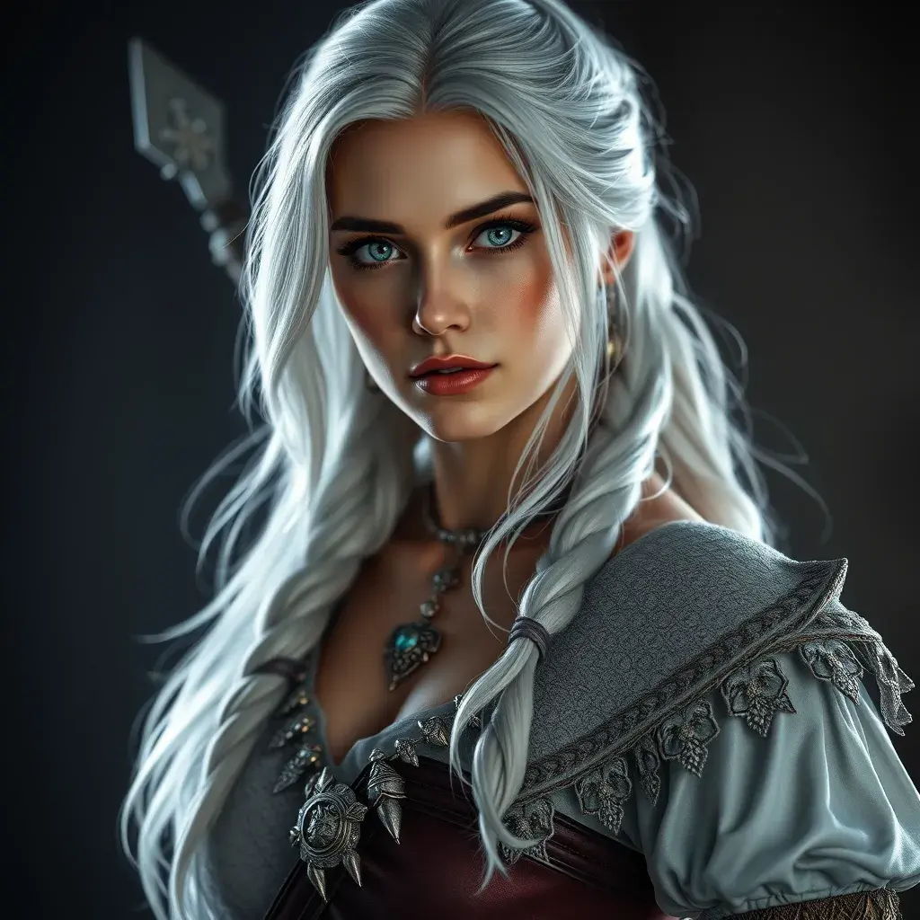 Alluring full body portrait of a beautiful Ciri from the Witcher 3 in white, 8k, Highly Detailed, Intricate, Photo Realistic, Sharp Focus, Volumetric Lighting, Fantasy, Elegant