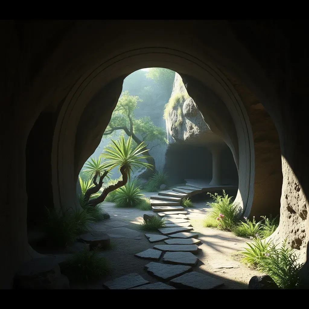 Arc hallway for secret overwatch habitation quarters carved inside a cave surrounding a lush garden, 8k, Trending on Artstation, Minimalism, Unimaginable Beauty, Sharp Focus, 3D Rendering, Unreal Engine, Natural Light, Concept Art, Naturalism