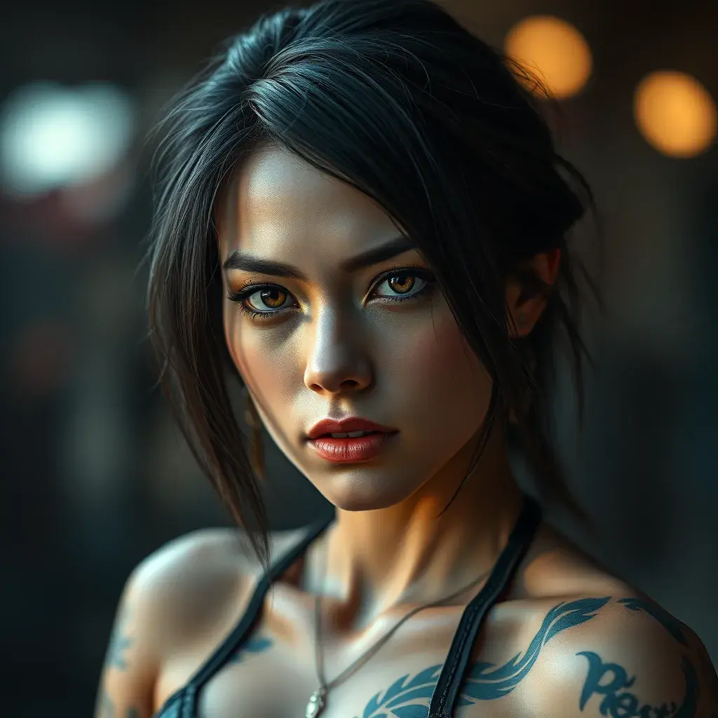 Matte portrait of Cassandra Cain with tattoos, 8k, Highly Detailed, Alluring, Artstation, Bokeh effect, Sharp Focus, Volumetric Lighting, Concept Art by Stanley Artgerm Lau, Greg Rutkowski