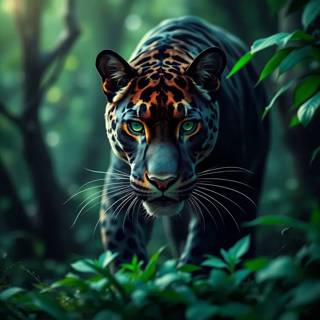 Panther in a green magical forest, Highly Detailed, Bokeh effect, Sharp Focus, Volumetric Lighting, Fantasy