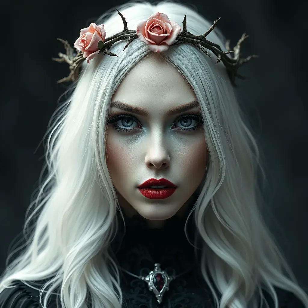 Alluring highly detailed matte portrait of a beautiful white haired vampire with a rose thorn crown in the style of Stefan Kostic, 8k, High Definition, Highly Detailed, Intricate, Half Body, Realistic, Sharp Focus, Fantasy, Elegant