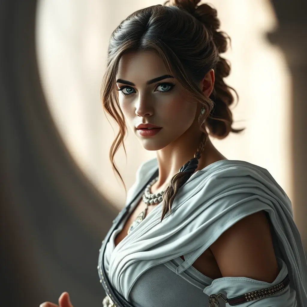 A beautiful Kassandra in white Assassin's Creed style, 8k, Highly Detailed, Intricate, Half Body, Realistic, Sharp Focus, Volumetric Lighting, Fantasy, Elegant