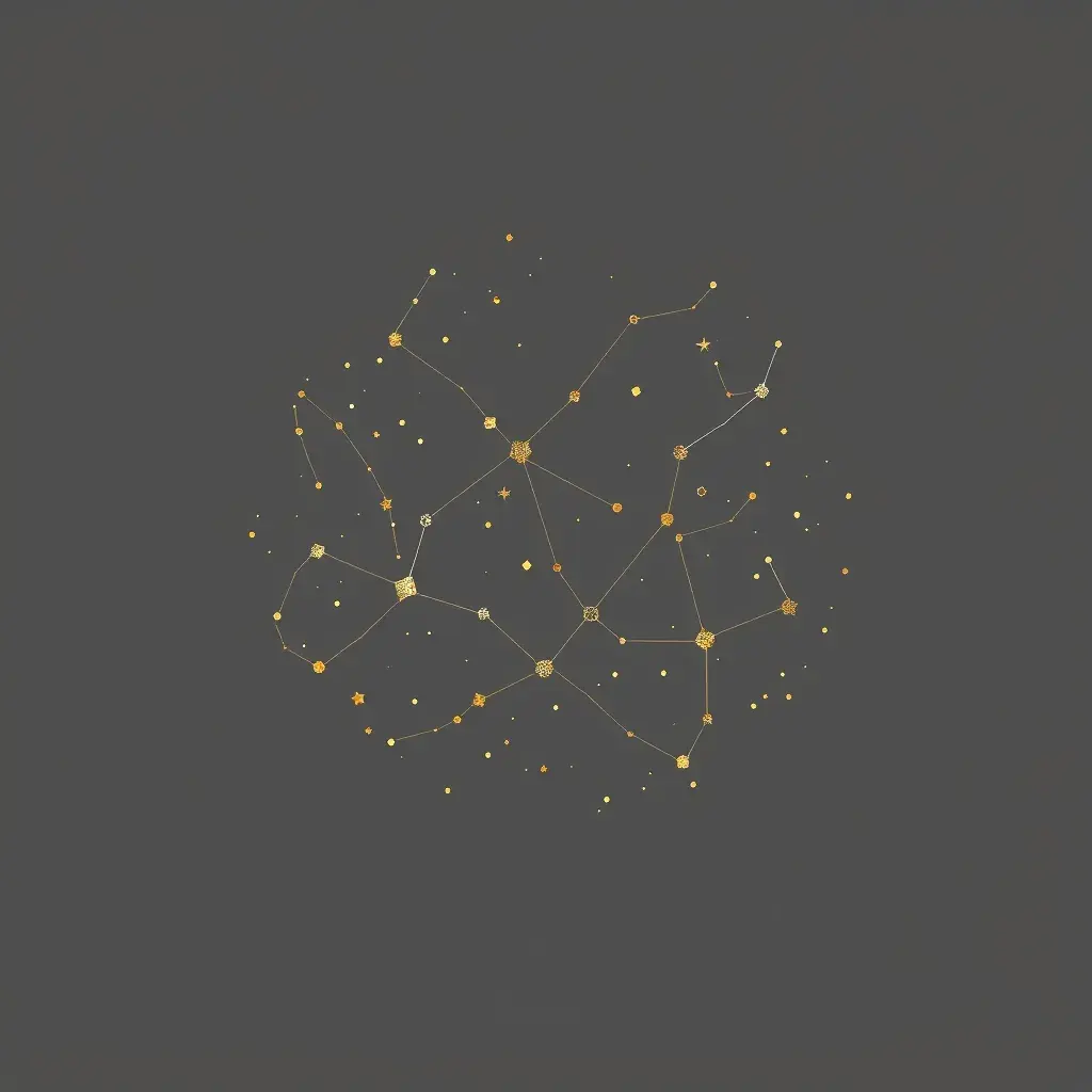 minimalist, elegant, discreet, abstract, enigmatic, sophisticated, modern, mysterious and perfect painting of constellations in black gold and silver, Digital Illustration