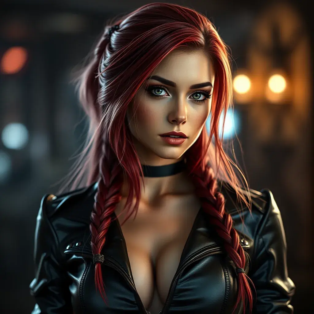 Alluring portrait of a beautiful Katarina from League of Legends in leather, Highly Detailed, Full Body, Bokeh effect, Photo Realistic, Sharp Focus by Stefan Kostic