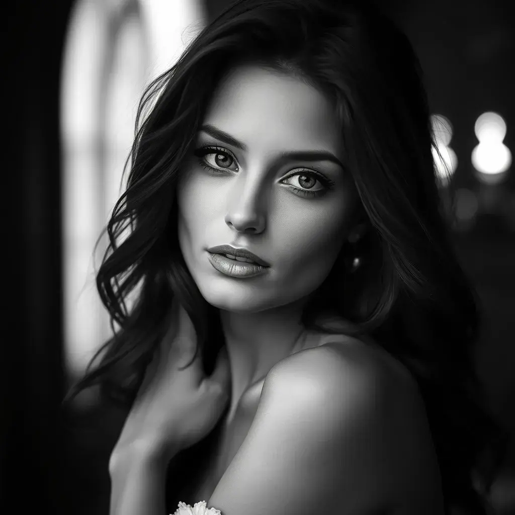 Alluring black and white portrait of a beautiful Nina Dobrev, 8k, Highly Detailed, Intricate, Half Body, Realistic, Sharp Focus, Volumetric Lighting, Fantasy, Elegant by Stanley Artgerm Lau