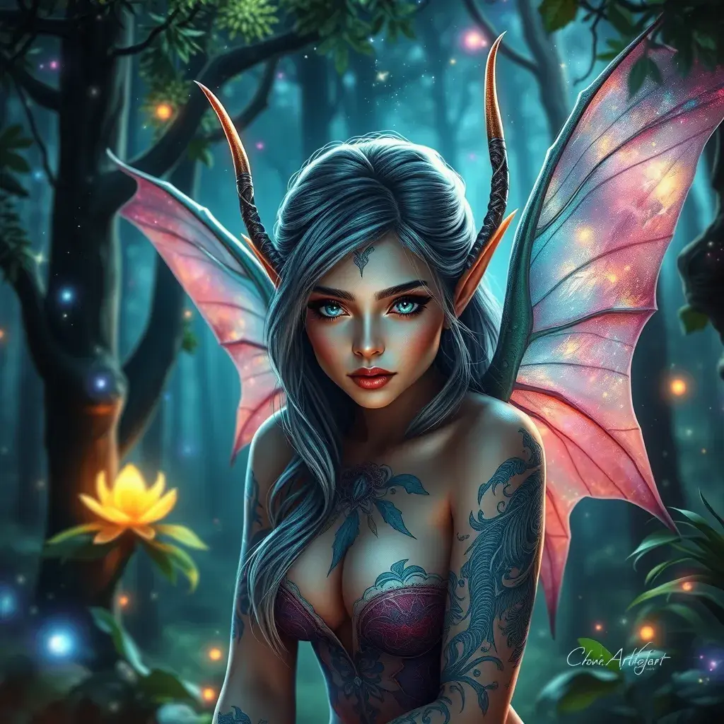 Beautiful elf in a magical forest, 4k, Highly Detailed, Hyper Detailed, Masterpiece, Full Body, Cosmic Nebulae, Full Lips, Pretty Face, Tattoos, Wings, Digital Illustration, Bloom light effect, Cinematic Lighting, Realistic, Sharp Focus, Deviantart, Centered, Beautifully Lit, Bioluminescent, Radiant, Vibrant Colors by Stanley Artgerm Lau, Alphonse Mucha, Greg Rutkowski, Stefan Kostic