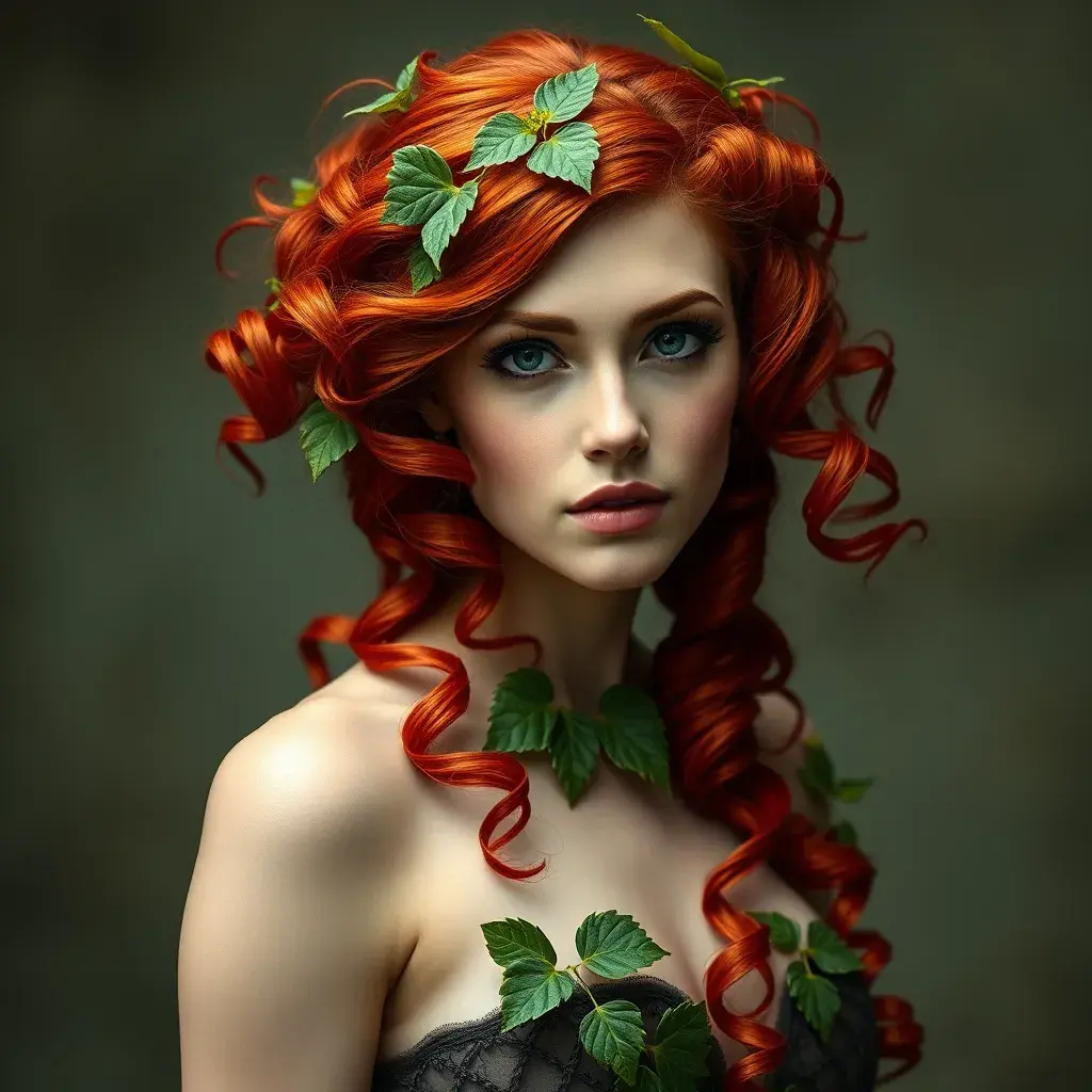 An alluring portrait of a beautiful red headed Poison Ivy, Intricate, Full Body, Photo Realistic