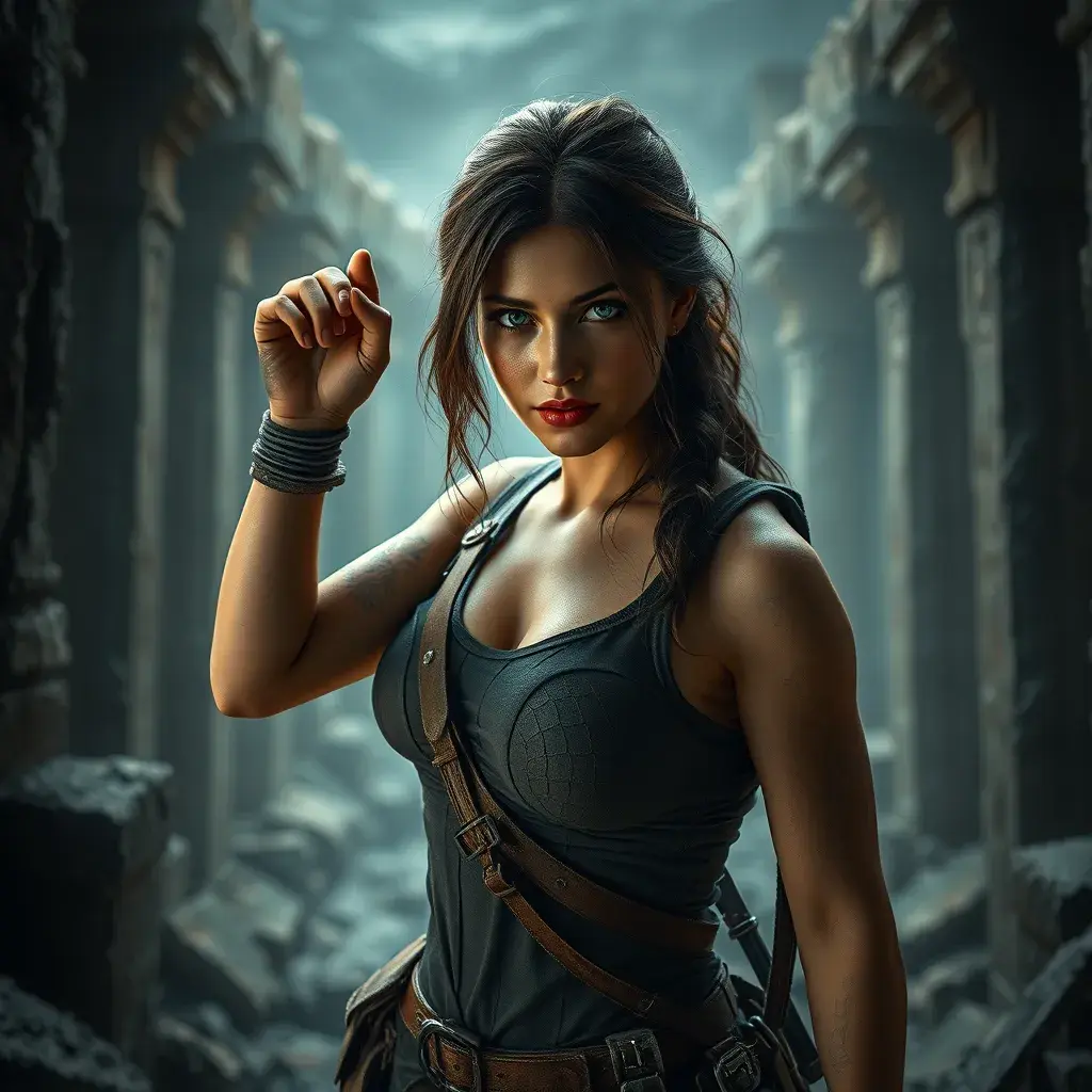 Matte portrait of a beautiful Lara Croft exploring an ancient ruin, 8k, Highly Detailed, Intricate, Realistic, Sharp Focus, Volumetric Lighting, Fantasy, Elegant by Stanley Artgerm Lau, WLOP, Stefan Kostic