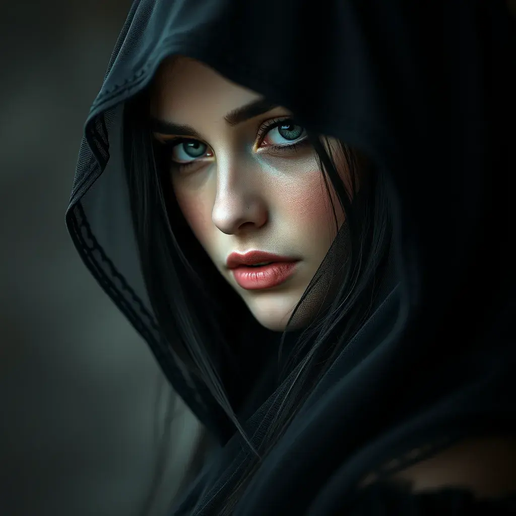 Alluring matte portrait of a beautiful veiled Yennefer wearing a black veil with long straight hair, 8k, Highly Detailed, Intricate, Half Body, Realistic, Sharp Focus, Volumetric Lighting, Fantasy, Elegant