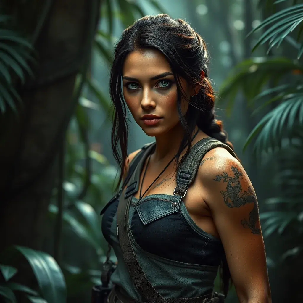 Alluring full body matte portrait of a beautiful Lara Croft in the jungle ready for another adventure, 8k, Highly Detailed, Intricate, Photo Realistic, Sharp Focus, Volumetric Lighting, Fantasy, Elegant