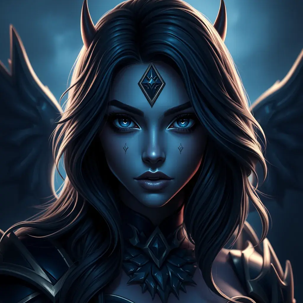 Matte portrait of the beautiful Samira from League of Legends in dark blue, Highly Detailed, Intricate, Realistic, Volumetric Lighting, Elegant