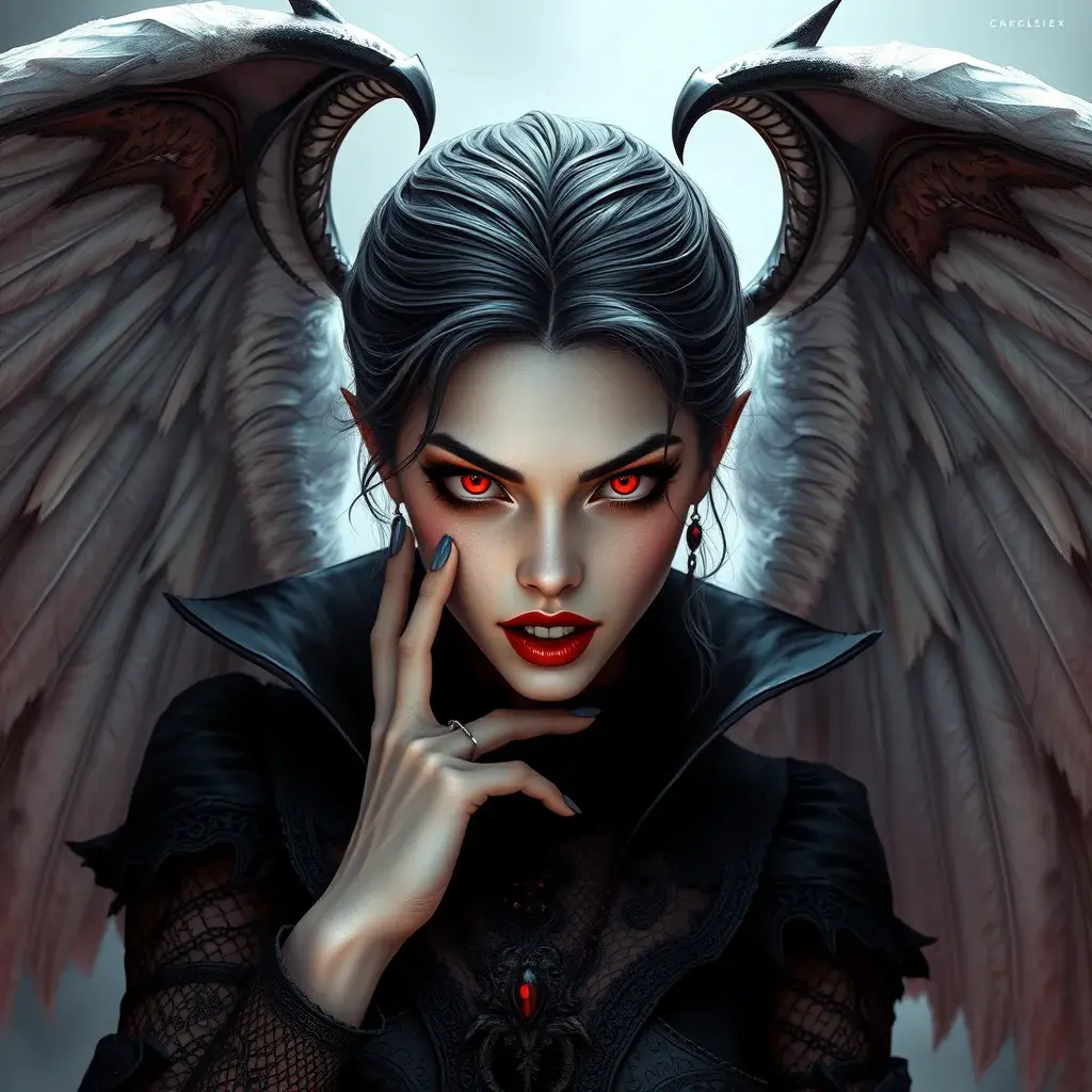 A beautiful winged romanian vampire woman with bright red eyes, fangs, perfect face, Hyper Detailed, Intricate Details, Masterpiece, Full Body, Gothic, Deviantart, Concept Art