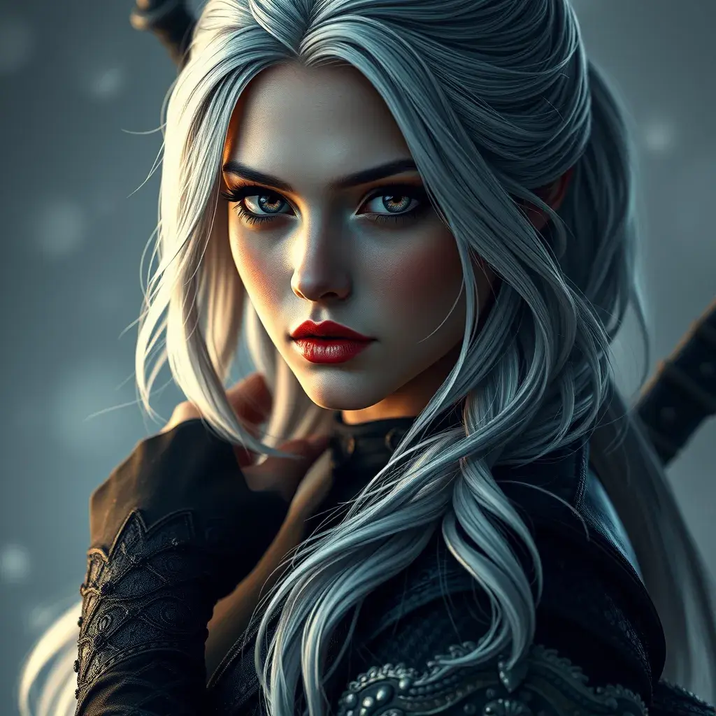 Alluring full body portrait of a beautiful Ciri from the Witcher 3 in black, 8k, Highly Detailed, Intricate, Photo Realistic, Sharp Focus, Volumetric Lighting, Fantasy, Elegant