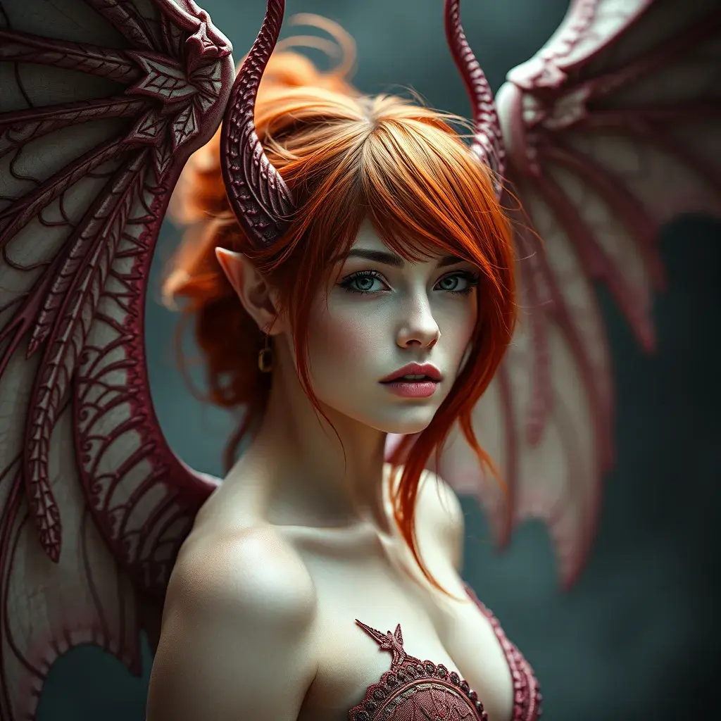 Alluring matte portrait of a beautiful red haired alien winged Sarah Kerrigan, 8k, Highly Detailed, Intricate, Half Body, Realistic, Sharp Focus, Volumetric Lighting, Fantasy, Elegant by Stanley Artgerm Lau, WLOP, Stefan Kostic