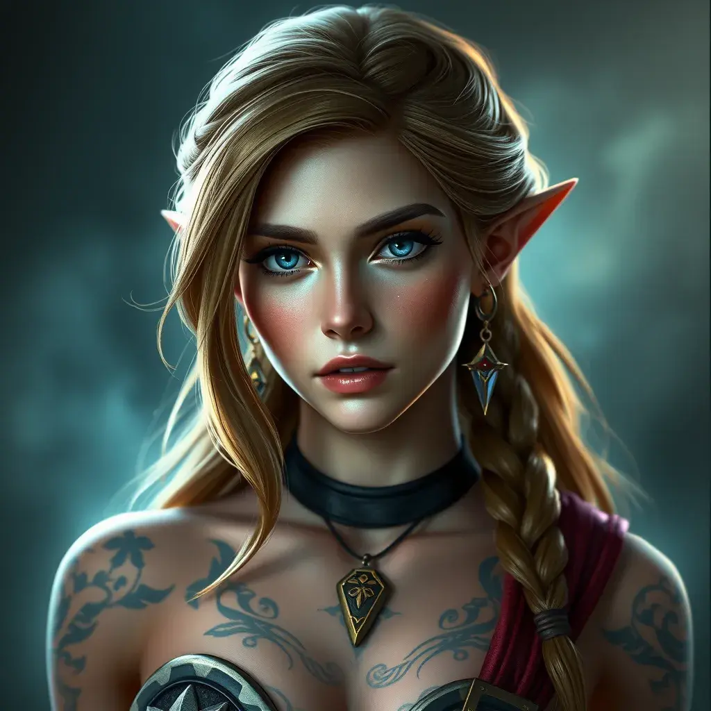 Matte portrait of Princess Zelda with tattoos, 8k, Highly Detailed, Powerful, Alluring, Artstation, Magical, Digital Painting, Photo Realistic, Sharp Focus, Volumetric Lighting, Concept Art by Stanley Artgerm Lau, Greg Rutkowski