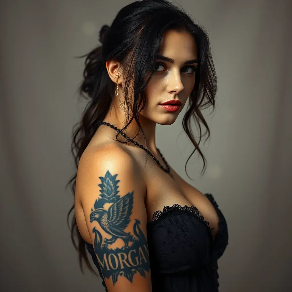 A half body portrait of a beautiful Morgana with tattoos, Alluring, Half Body, Bokeh effect, Photo Realistic, Sharp Focus, Volumetric Lighting