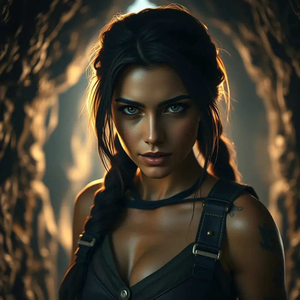 Alluring full body matte portrait of a beautiful Lara Croft in a well lit cave, 8k, Highly Detailed, Intricate, Photo Realistic, Sharp Focus, Volumetric Lighting, Fantasy, Elegant