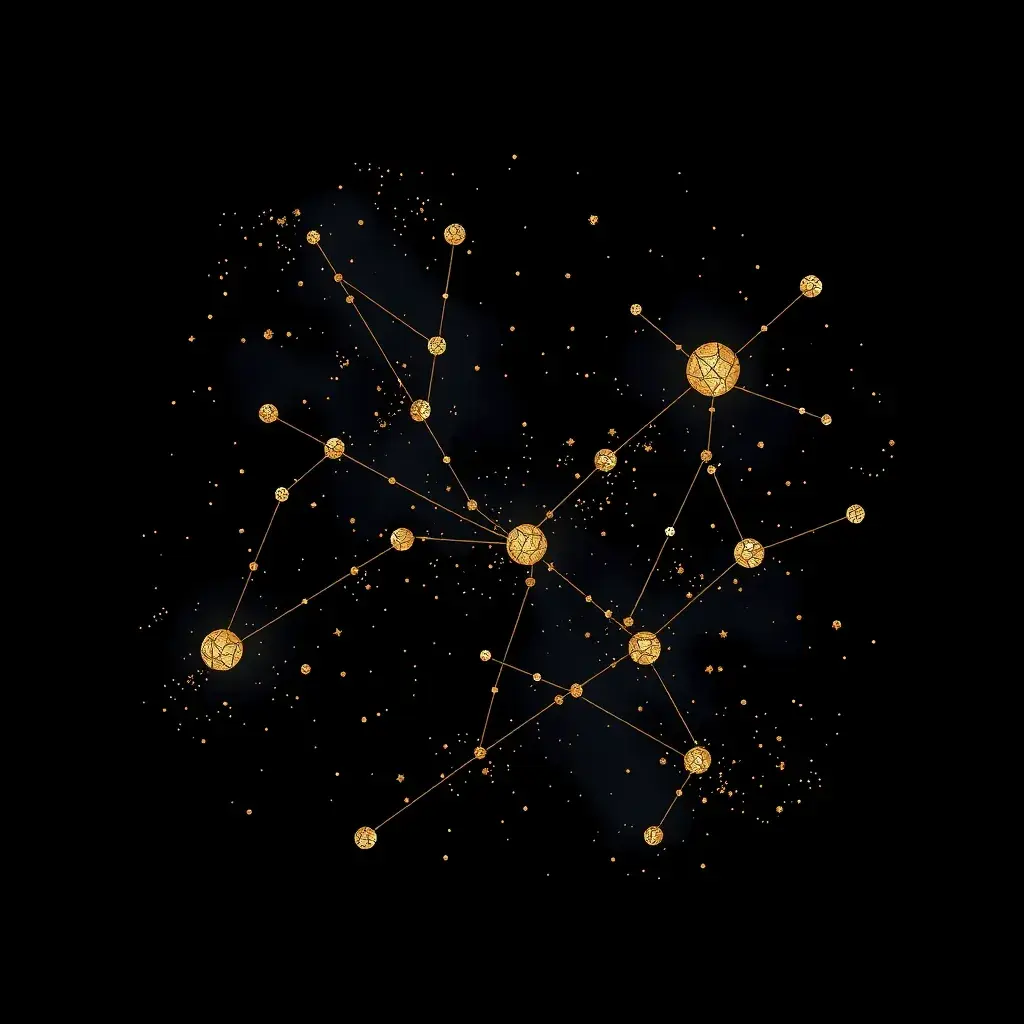 minimalist, elegant, discreet, abstract, enigmatic, sophisticated, modern, mysterious and perfect painting of constellations in black gold and silver, Digital Illustration