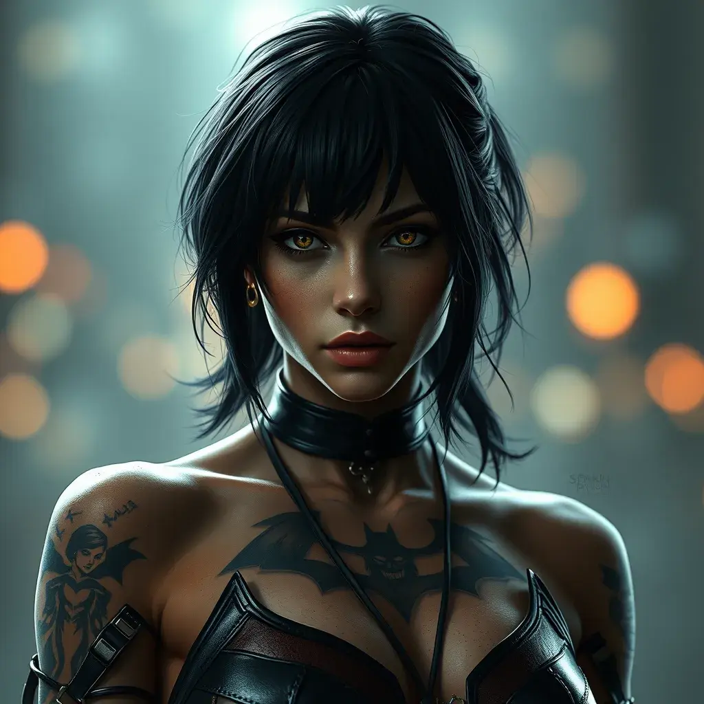 Allurning matte portrait of Cassandra Cain from Batman with tattoos, 8k, Highly Detailed, Alluring, Artstation, Bokeh effect, Sharp Focus, Volumetric Lighting, Concept Art by Stanley Artgerm Lau, Greg Rutkowski