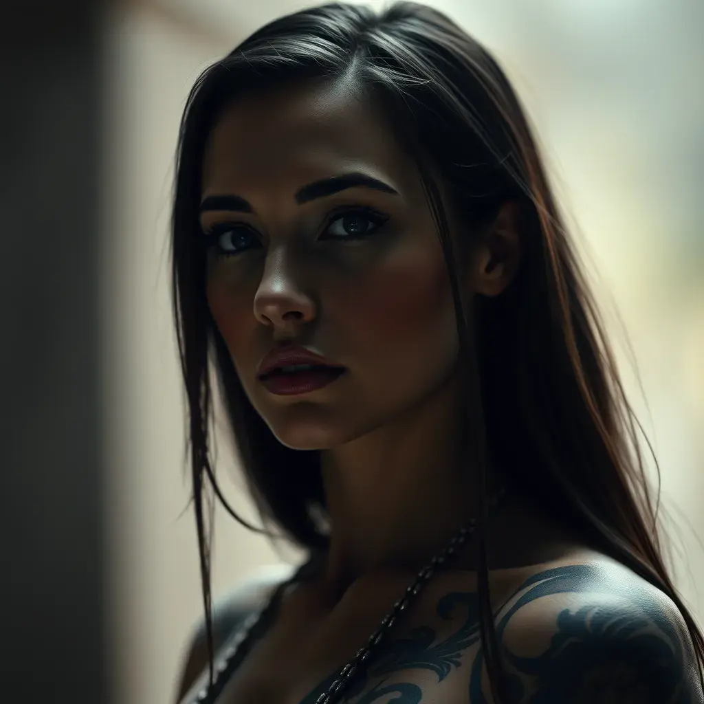 Matte portrait of Morgana with tattoos, Highly Detailed, Alluring, Bokeh effect, Sharp Focus, Volumetric Lighting