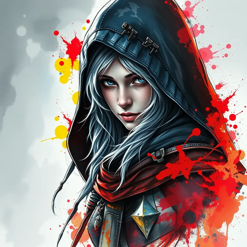 Hooded Ciri from the Witcher emerging from the fog of war, ink splash, Highly Detailed, Vibrant Colors, Ink Art, Fantasy, Dark by Stanley Artgerm Lau