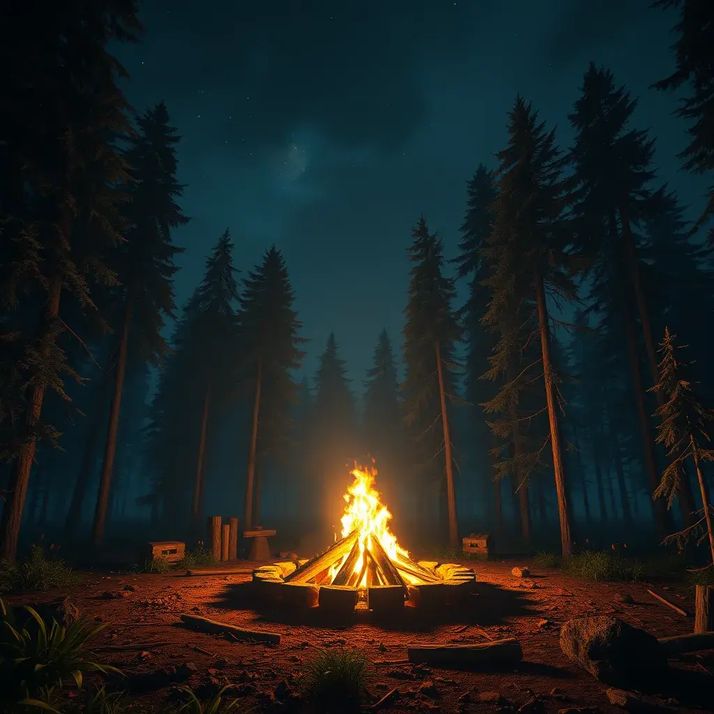 A highly detailed matte painting of a camp fire in the forest at night in the style of Firewatch, 4k resolution, Masterpiece, Trending on Artstation, Volumetric Lighting