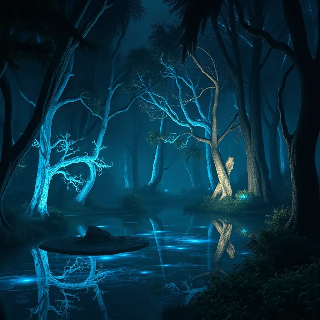 A magical pond in a fantasy forest with glowing blue trees at night, 4k, HQ, Intricate, Artstation, Cinematic Lighting, Photo Realistic, Sharp Focus, Unreal Engine, Dark