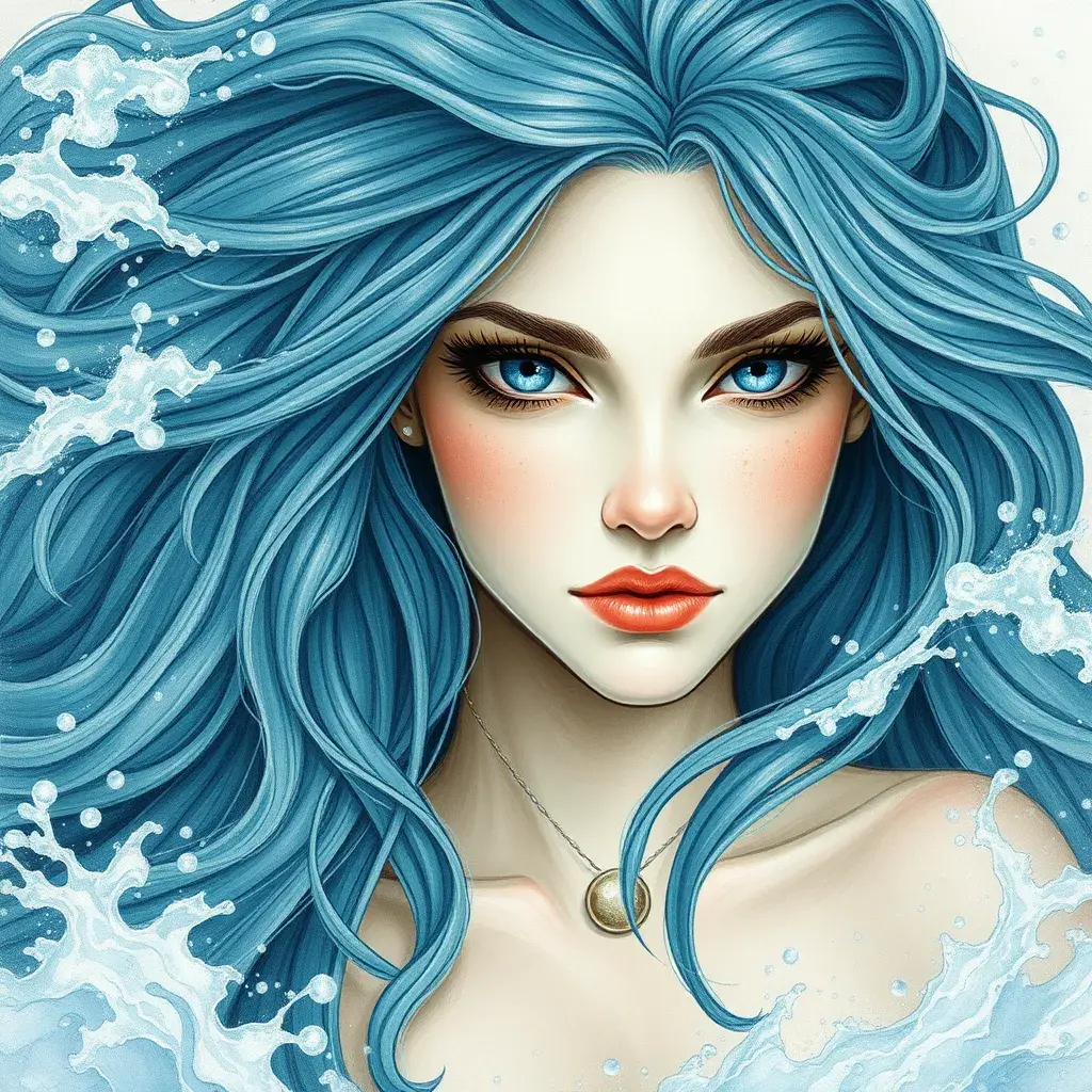 "magical ocean goddess", water, spray, waves, flowing hair, head and shoulders portrait, finely drawn eyes, 8k, Fantasy