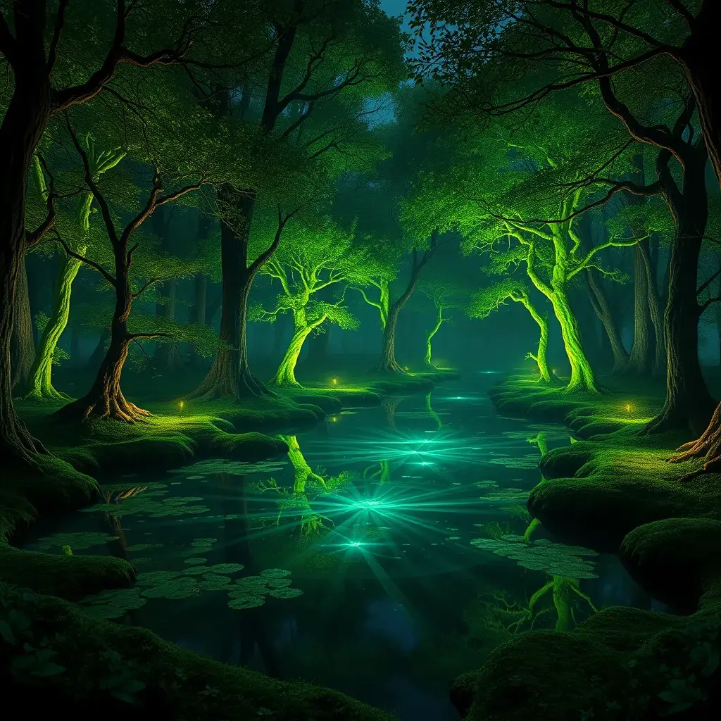 A magical pond in a fantasy forest with glowing green trees at night, 4k, HQ, Intricate, Artstation, Cinematic Lighting, Photo Realistic, Sharp Focus, Unreal Engine, Dark