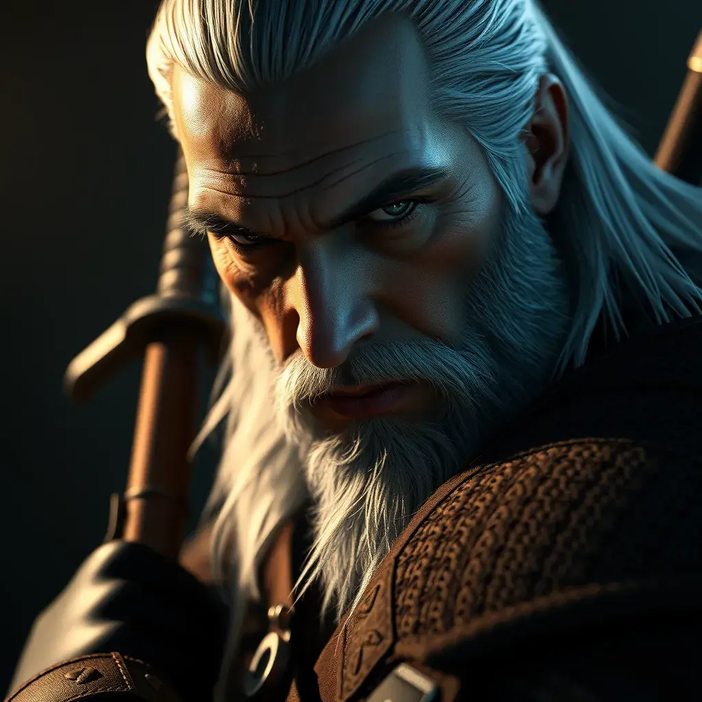 A matte portrait of an armed Geralt in The Witcher 3 style, 4k, Highly Detailed, Beautiful, Cinematic Lighting, Sharp Focus, Volumetric Lighting, Closeup Portrait, Concept Art by Stefan Kostic