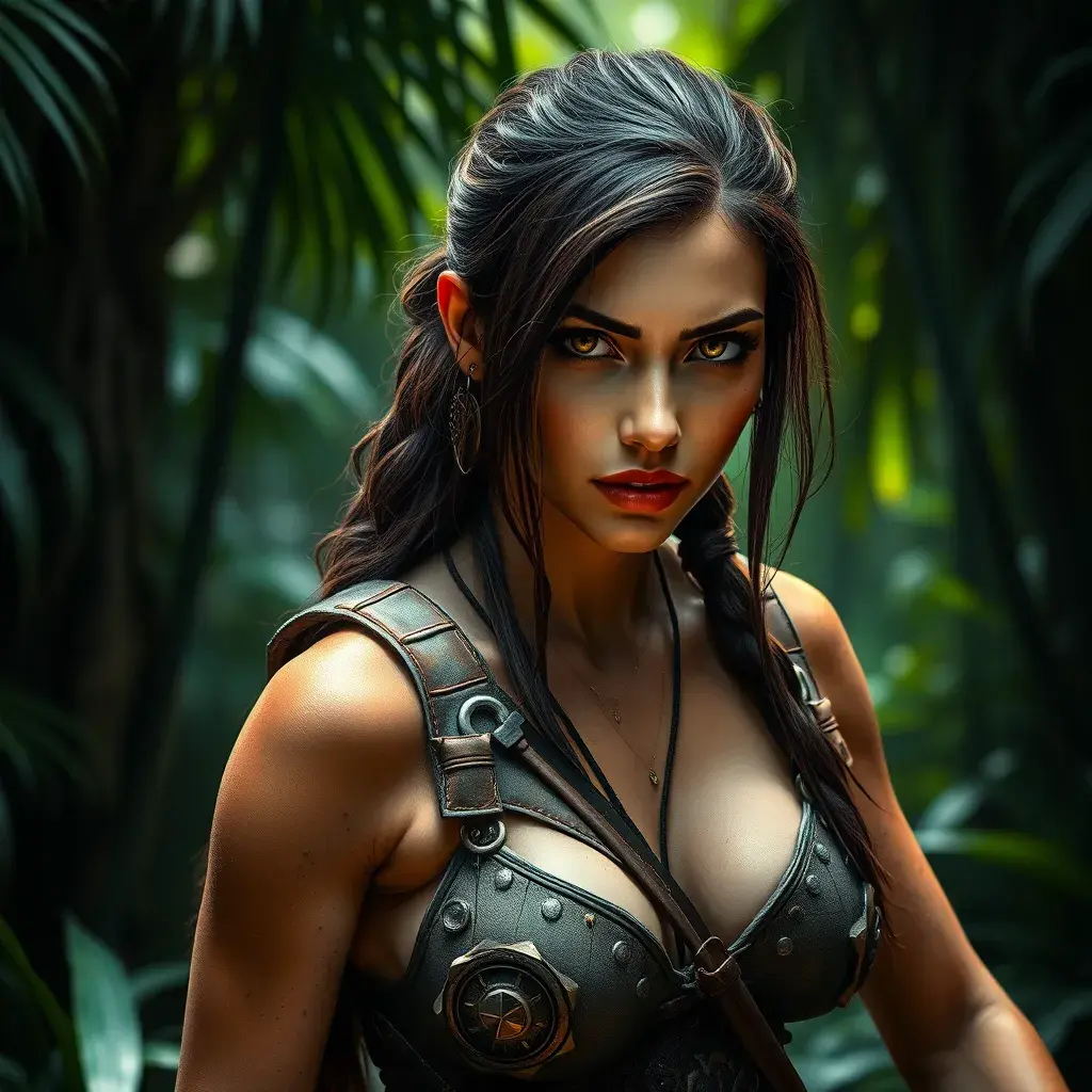 Alluring full body portrait of a beautiful Lara Croft in the jungle getting ready for battle, 8k, Highly Detailed, Intricate, Photo Realistic, Sharp Focus, Volumetric Lighting, Fantasy, Elegant