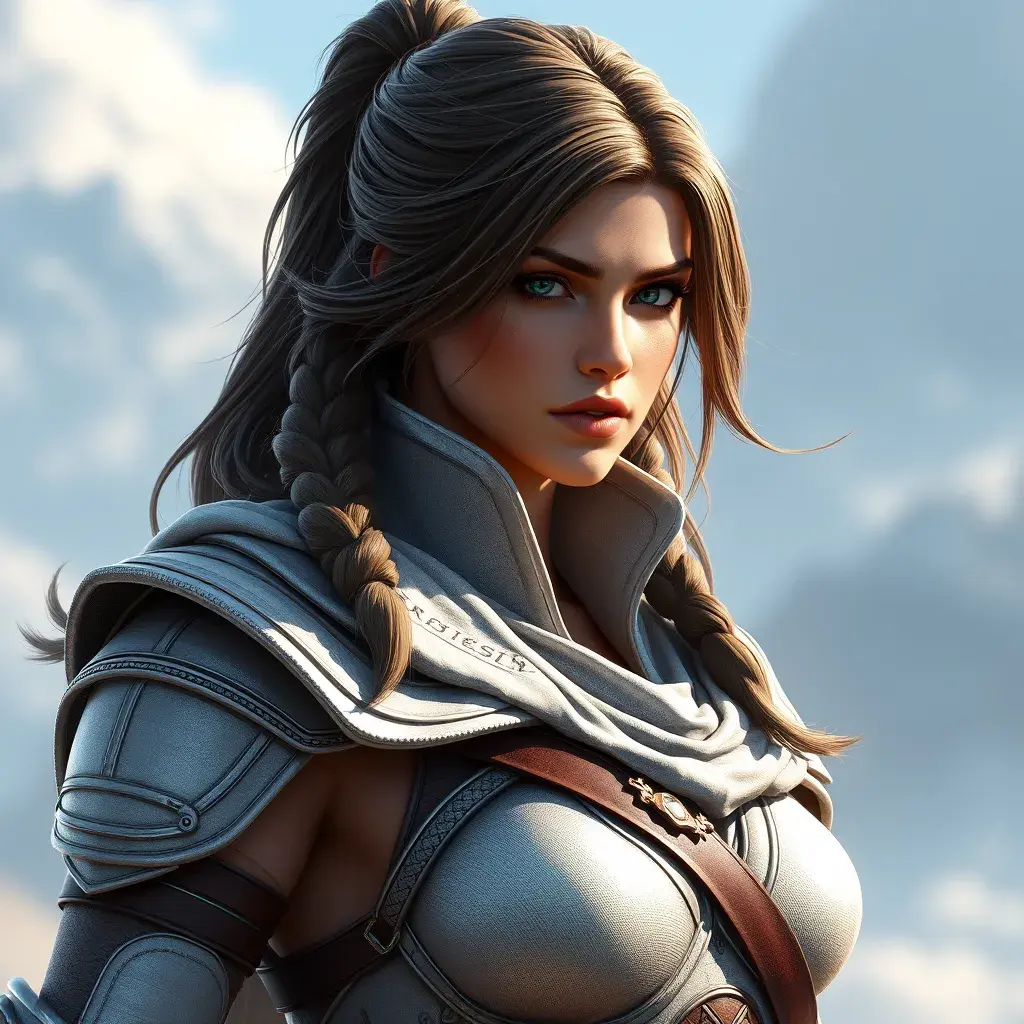 Kassandra from Assassins Creed in white armor, 8k, Highly Detailed, Artstation, Beautiful, Digital Illustration, Sharp Focus, Unreal Engine, Concept Art