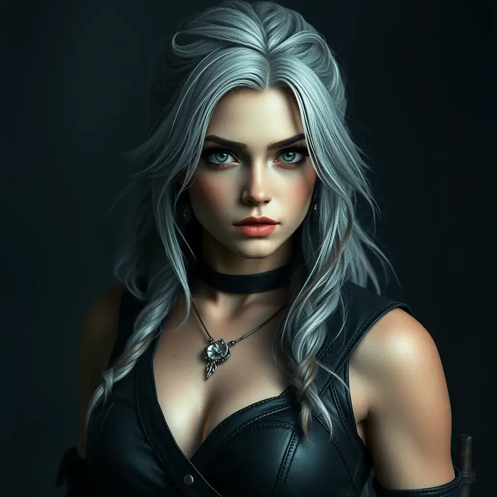 Alluring matte full body portrait of a beautiful Ciri from the Witcher 3 wearing black leather, 8k, Highly Detailed, Intricate, Realistic, Sharp Focus, Volumetric Lighting, Fantasy, Elegant by Stanley Artgerm Lau, WLOP