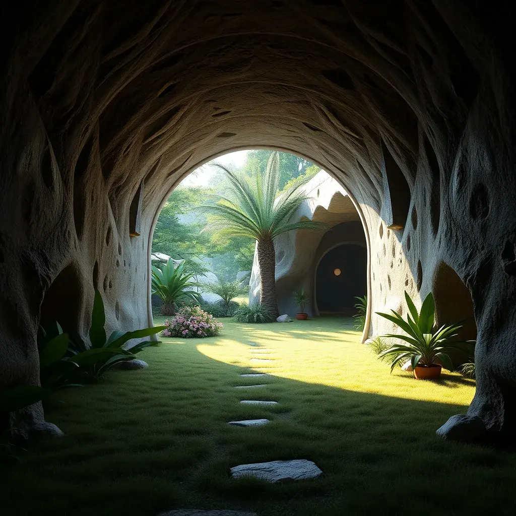 Arc hallway for secret overwatch habitation quarters carved inside a well lit cave surrounding a lush garden, 8k, Trending on Artstation, Minimalism, Unimaginable Beauty, Sharp Focus, 3D Rendering, Unreal Engine, Natural Light, Concept Art, Naturalism