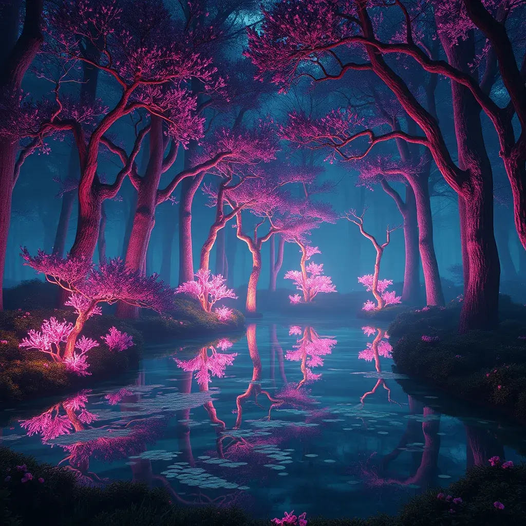 A magical pond in a fantasy forest with glowing pink trees at night, 4k, HQ, Intricate, Masterpiece, Artstation, Cinematic Lighting, Photo Realistic, Sharp Focus, Unreal Engine, Dark