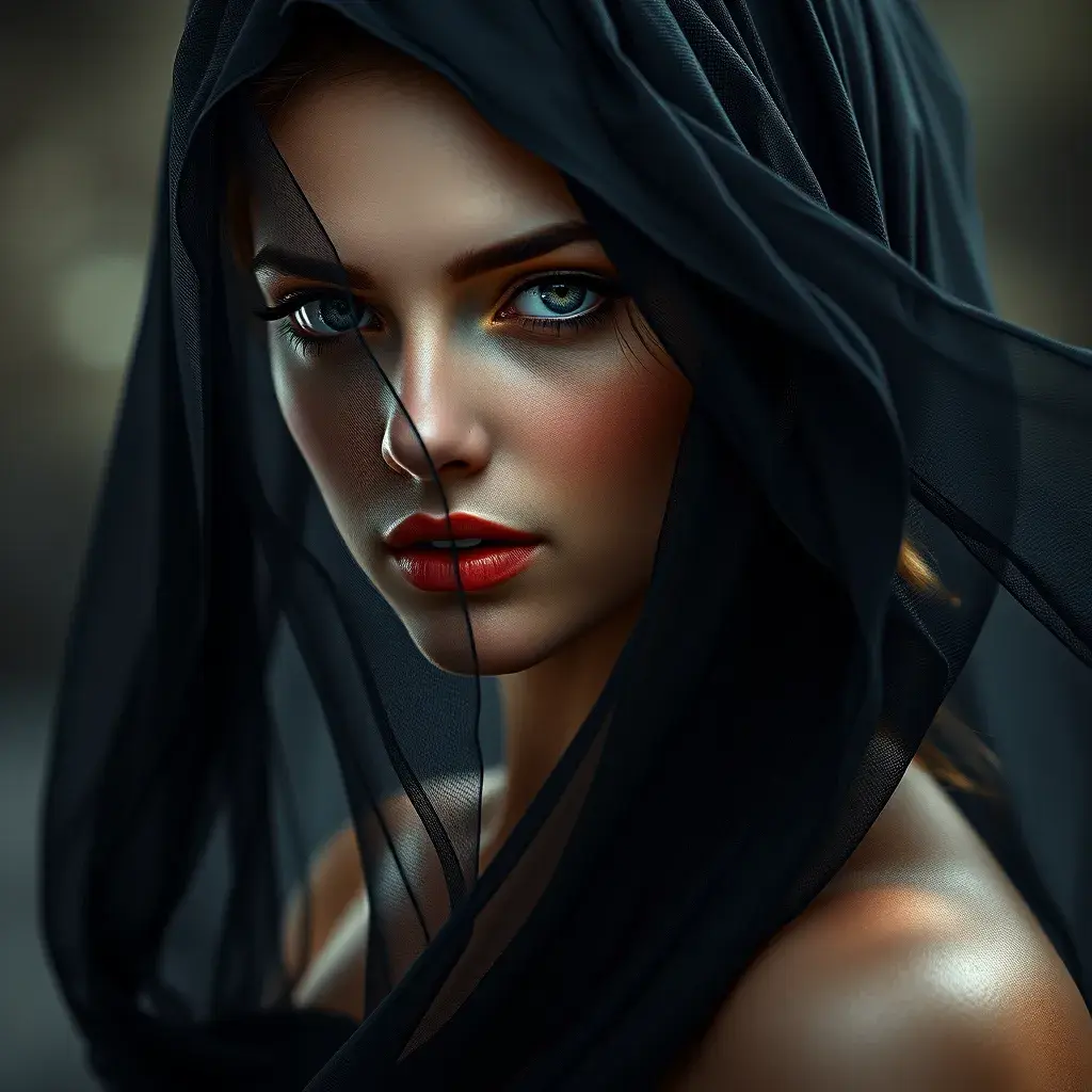 Alluring matte portrait of a beautiful veiled Kassandra wearing a black veil, 8k, Highly Detailed, Intricate, Half Body, Realistic, Sharp Focus, Volumetric Lighting, Fantasy, Elegant by Stanley Artgerm Lau, Alphonse Mucha, WLOP