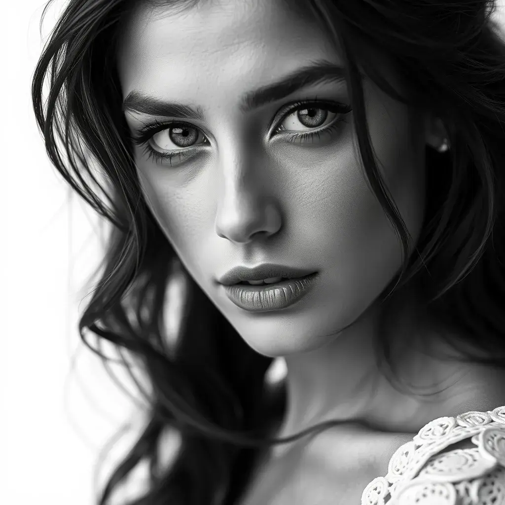 Alluring black and white portrait of a beautiful Nina Dobrev with a white background, 8k, Highly Detailed, Intricate, Half Body, Realistic, Sharp Focus, Volumetric Lighting, Fantasy, Elegant by Stanley Artgerm Lau